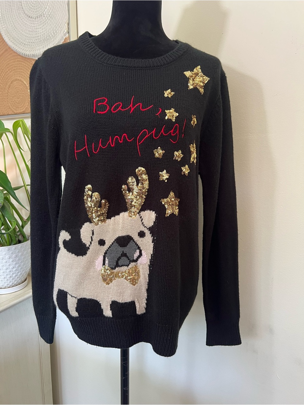 Poof Holiday "Bah Humpug" Pug Dog Ugly Christmas Sweater Sequin Antlers Size L